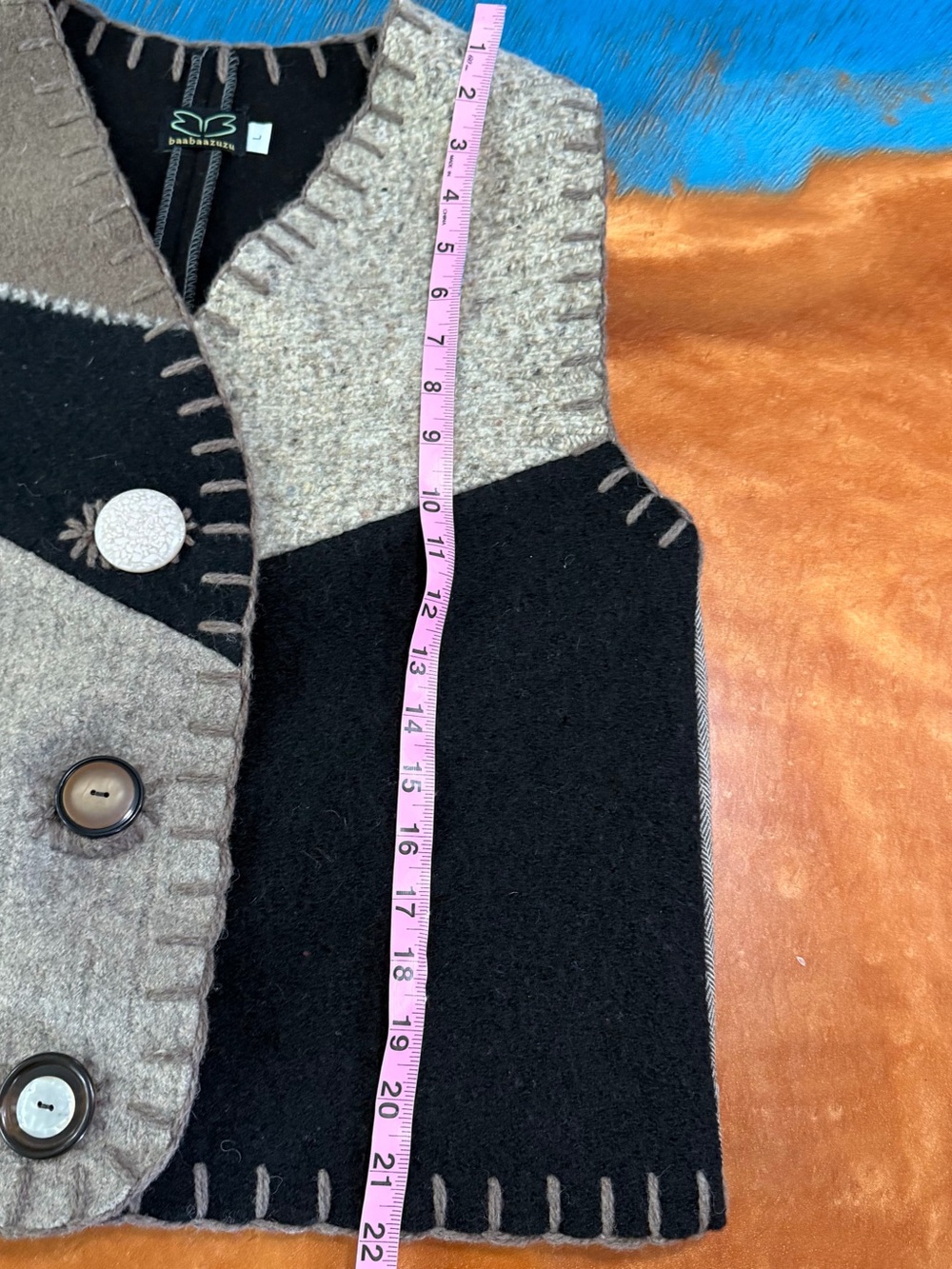 Baabaazuzu Wool Patchwork Vest large handmade USA - Picture 10 of 10